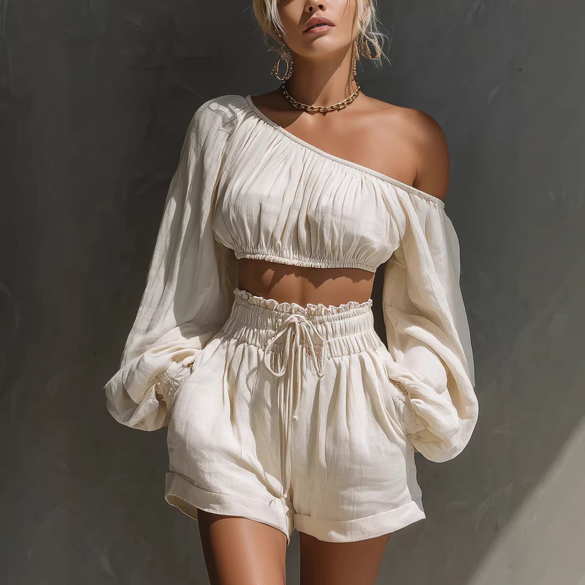 French Lazy Style One-Shoulder Long-Sleeve Crop Top & High-Waist Ruffle Shorts Set