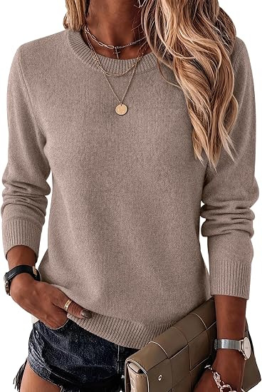 Women's Crewneck Knit Sweater Solid Color Pullover Long Sleeve