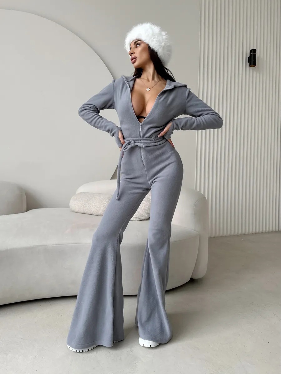 Fleece Slim-Fit Hooded Jumpsuit with Full Front Zip and Waist Tie