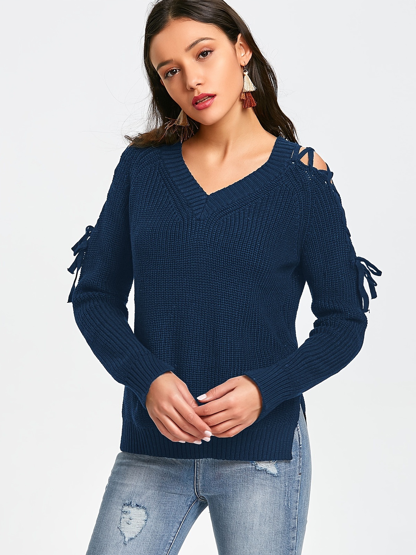 Women's Hollow-Out Knit Sweater V-Neck Lace-Up Long Sleeve Pullover