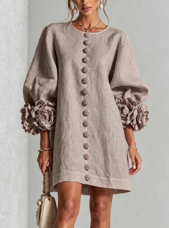 French 3D Floral Lantern Sleeve Cotton Linen Dress Round Neck Button Front Loose Short