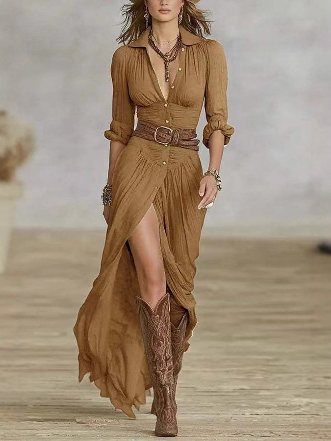 Women's Solid Color Asymmetric Ruched Dress with Belt