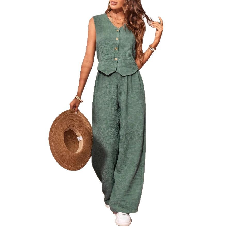 Linen Summer Vest and Pants Set with V-Neck Button-Front Top