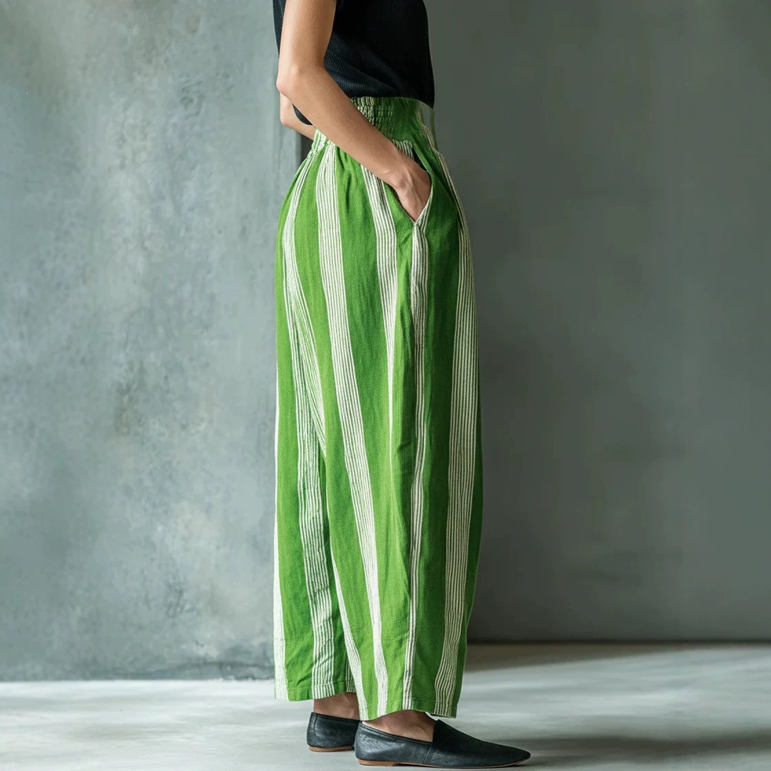 Women's Loose Striped Wide-Leg Pants Casual Vacation Linen-Blend High Waist