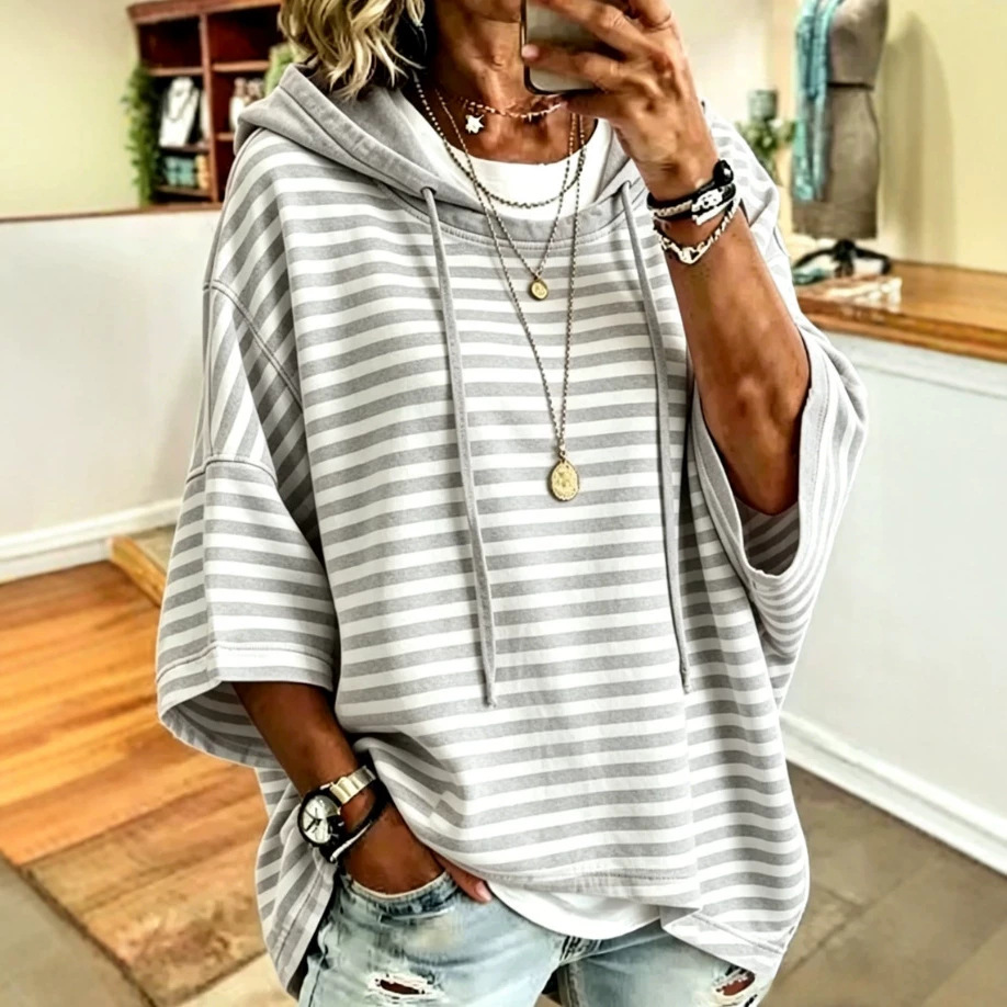 Women's Striped Hooded Pullover Sweatshirt with 3/4 Sleeves