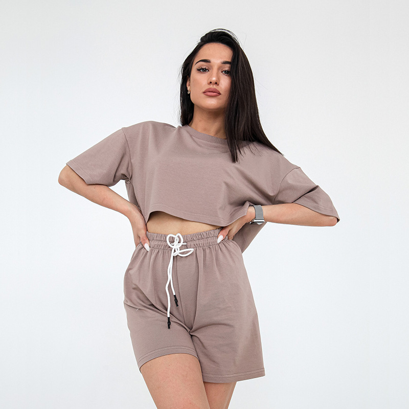 Women's Solid Color Cropped Short Sleeve Drawstring Shorts Set Casual Loose Fit