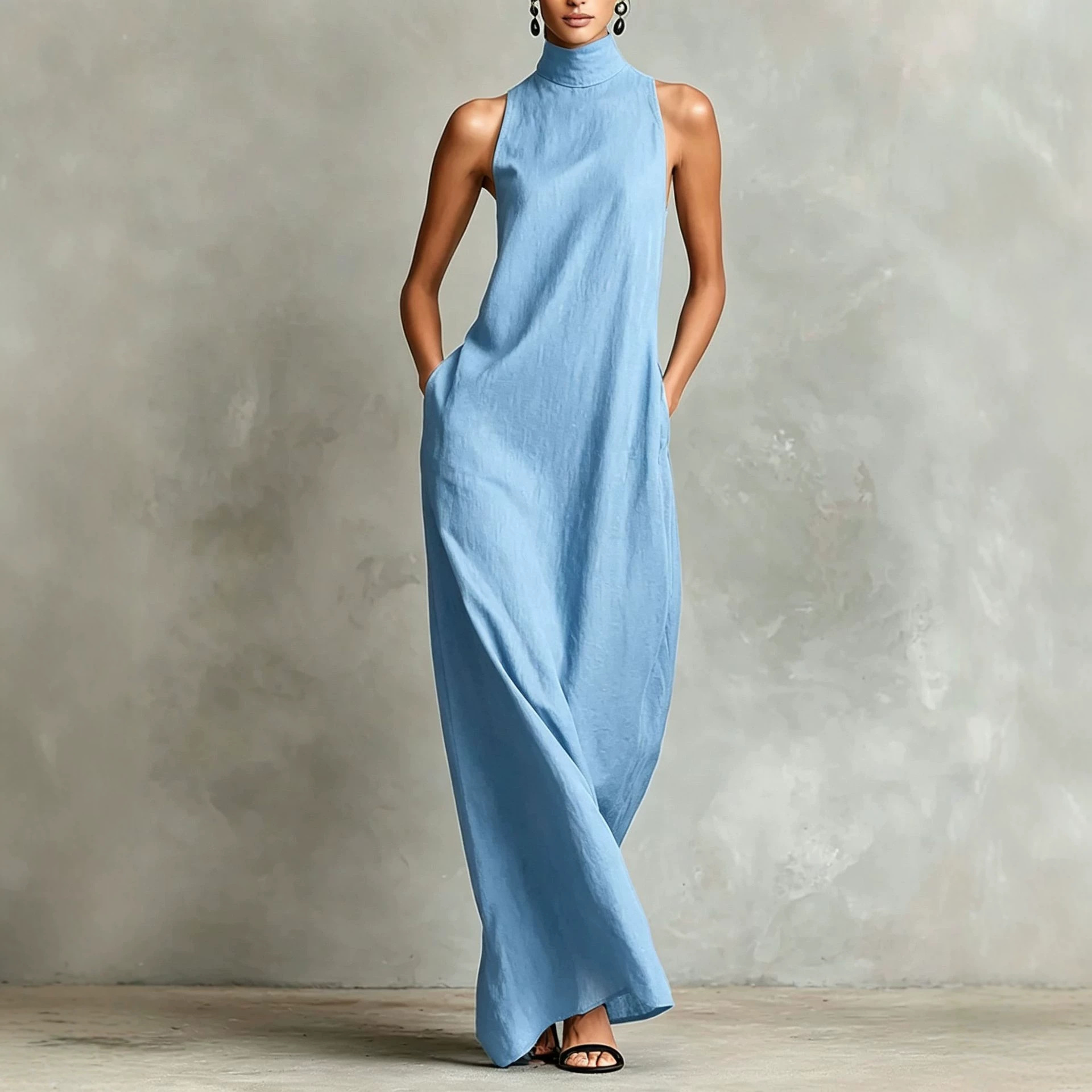 Linen High Neck Sleeveless A-Line Maxi Dress