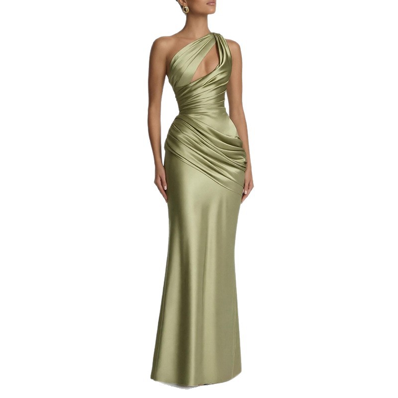 Women's Summer Slim Fit Solid Color Open Back Cutout Ruched Elegant French Dress
