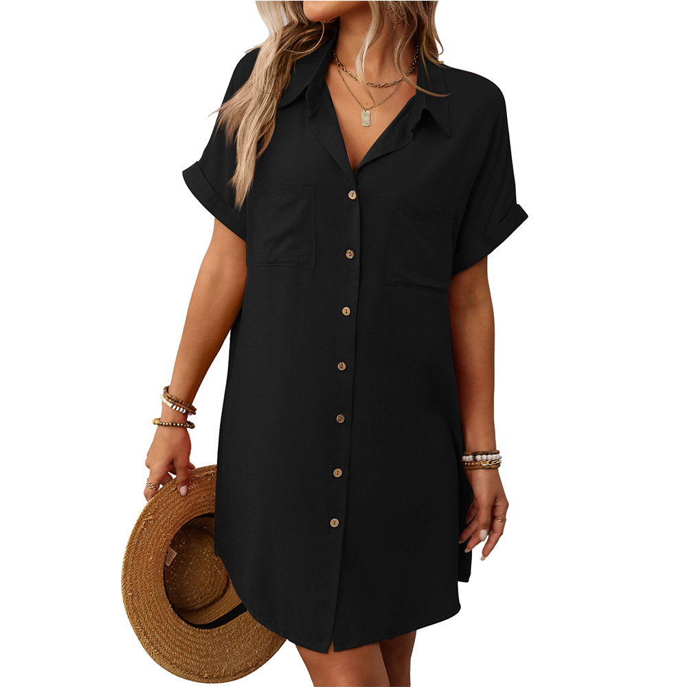 Striped Cotton-Linen Short-Sleeve Midi Shirt Dress