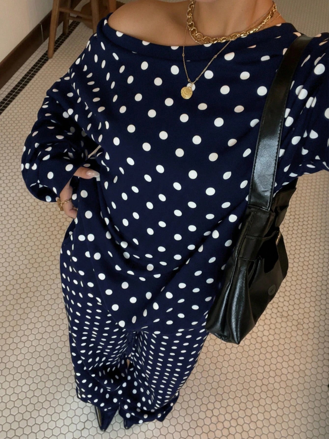 Women's Polka Dot Print One-Shoulder Long Sleeve Drawstring Pants Casual Two-Piece Set