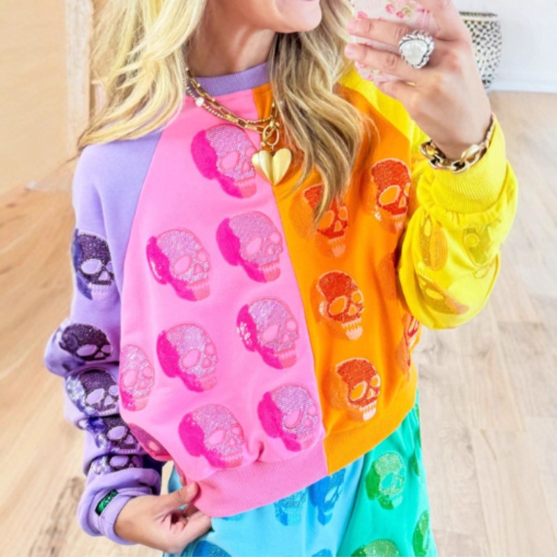 Women's Colorblock Halloween Skull Soldier Print Crewneck Sweatshirt
