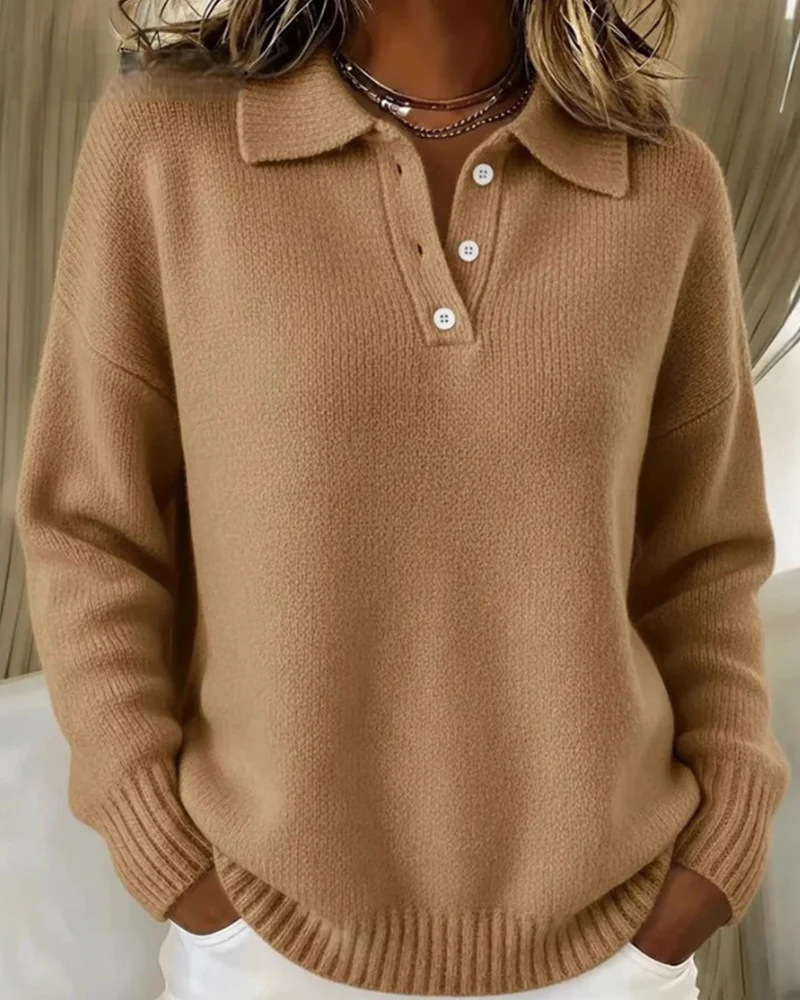 Women's Loose Relaxed Soft Knit Sweater with Collar and Buttons Long Sleeve