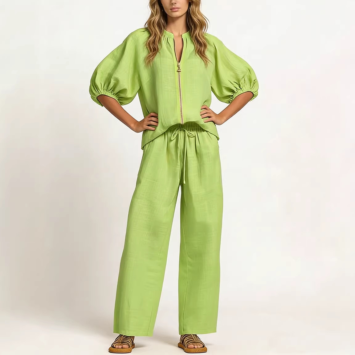 Women's Casual Solid Color Zip-Up Wide-Leg Pants Set