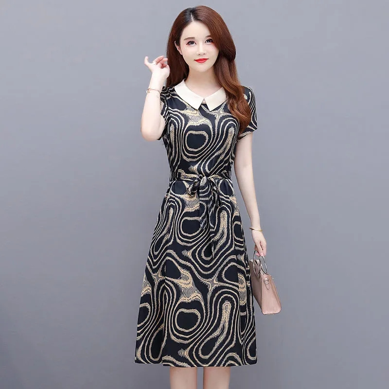 Women's Summer Dress Acetate Satin Floral Print Waist-Cinching Midi A-Line Polo Neck Short Sleeve
