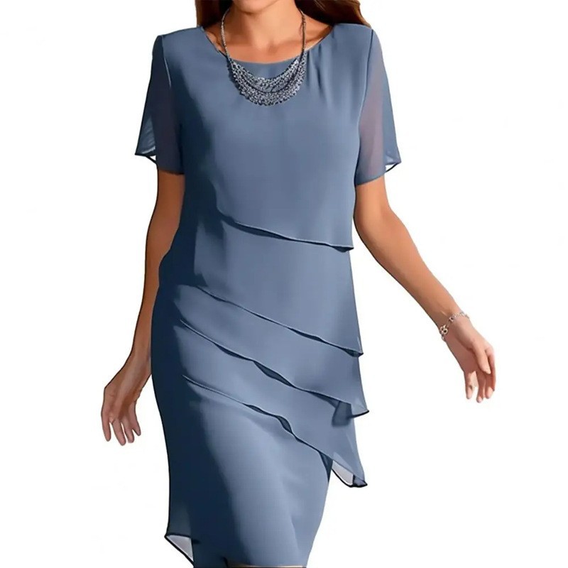 Summer Slim-Fit Chiffon Dress with Round Neck and Short Sleeves