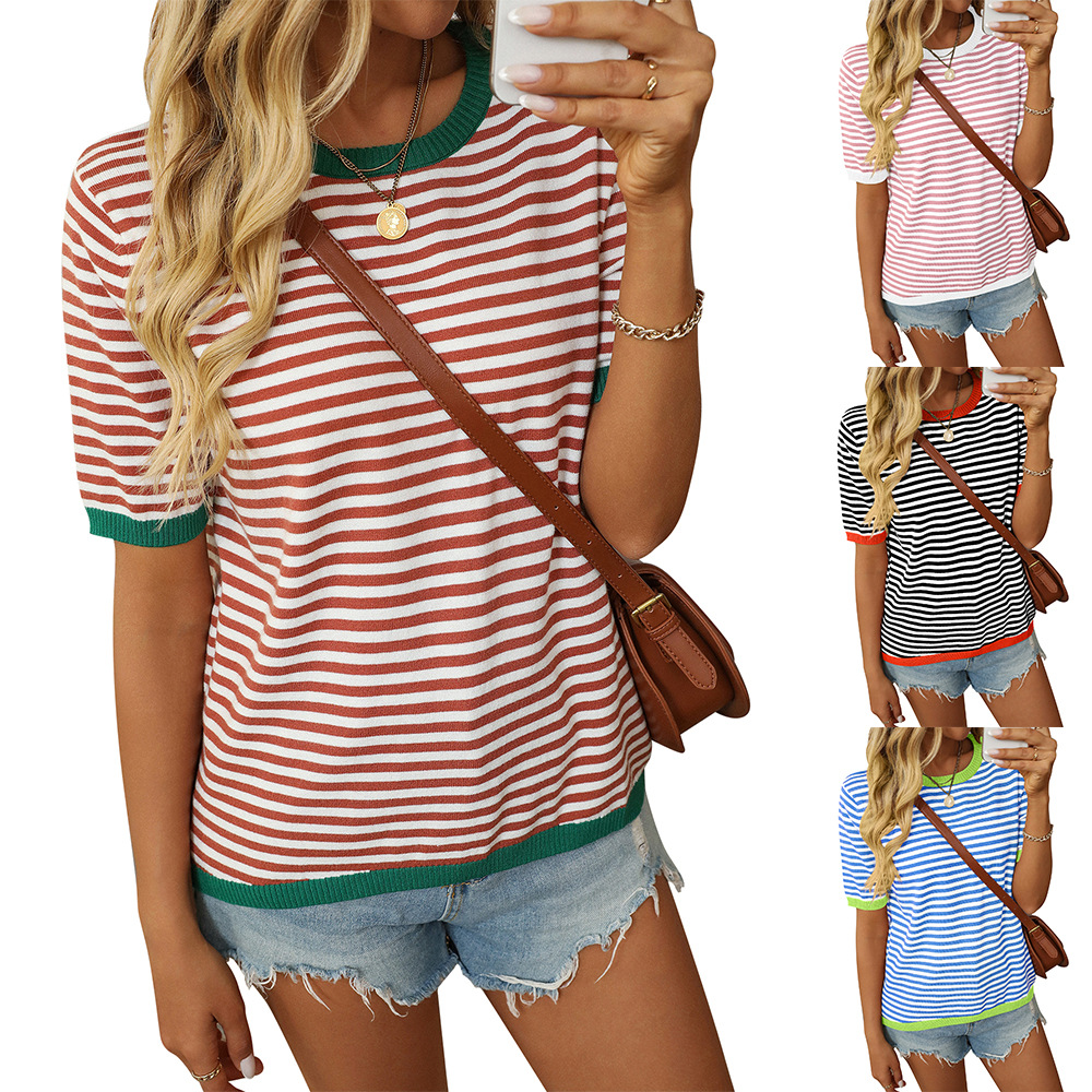 Women's Striped Colorblock Crewneck Short Sleeve Casual Sweater