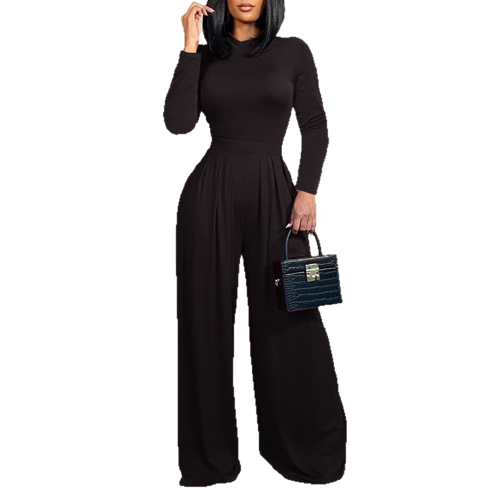 Women's Long Sleeve Jumpsuit with Zip Waist and Wide Legs