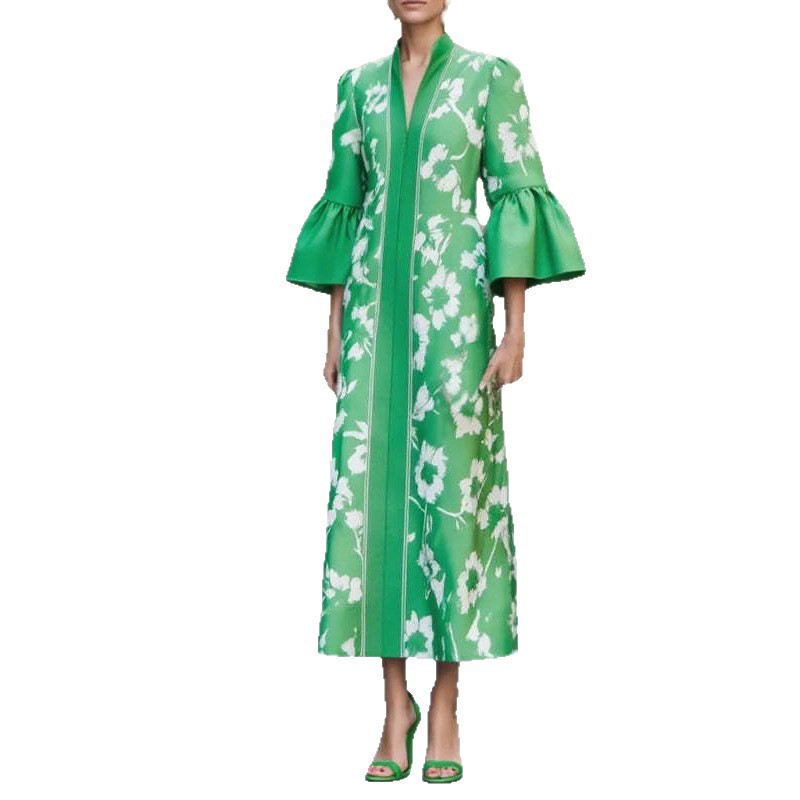 French Puff Sleeve Floral Print Deep V-Neck Green Maxi Dress