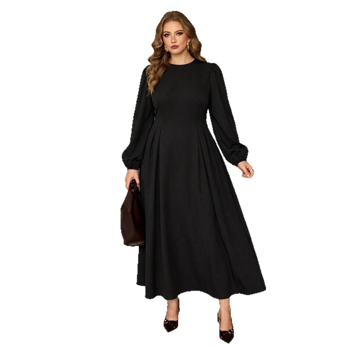 Women's Plus Size Black Long Dress with Lantern Sleeves and Waist Tie