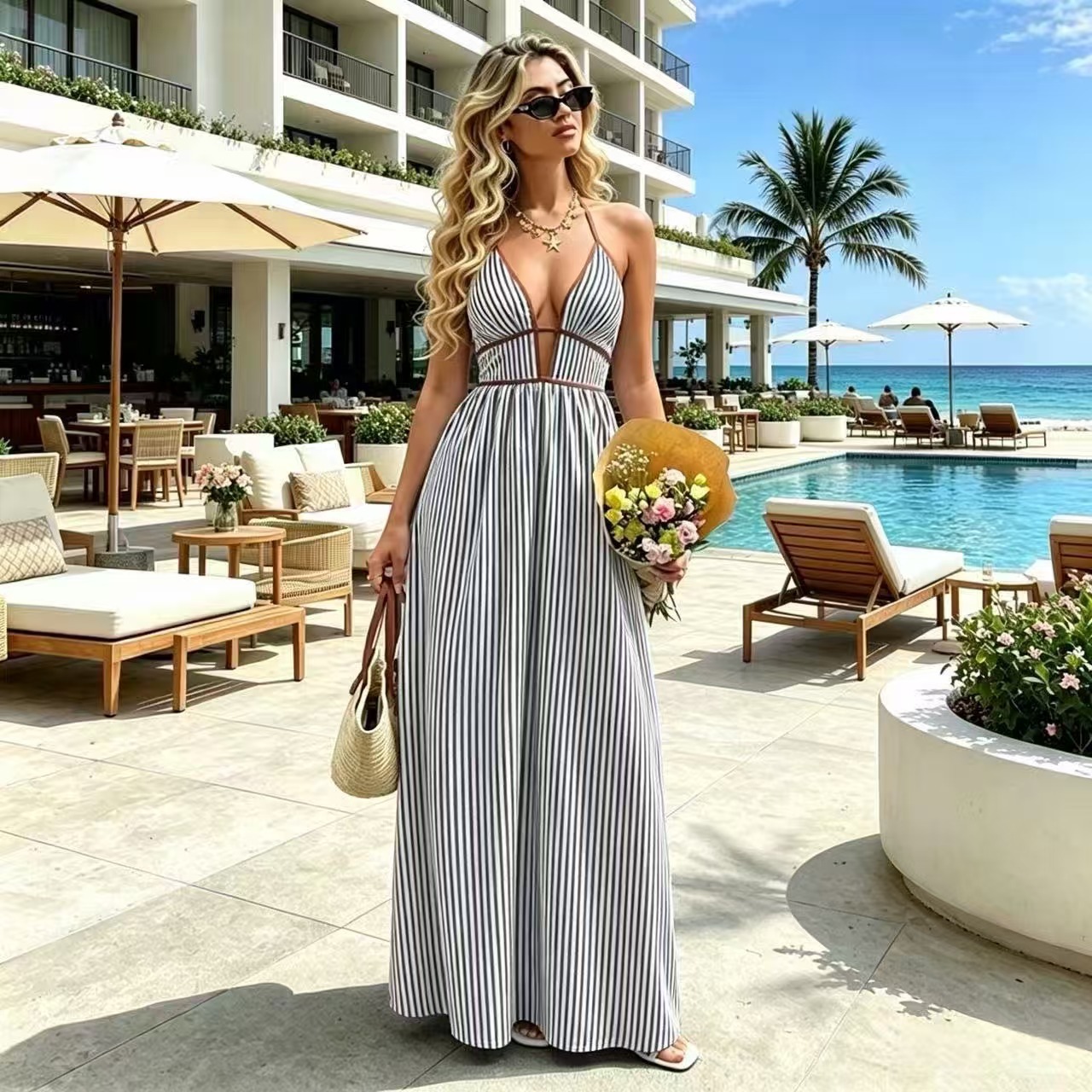 Women's Deep V-Neck Striped Sleeveless Maxi Dress