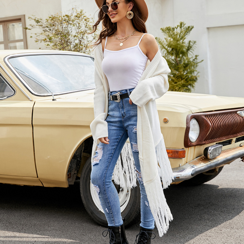 Women's Solid Fringe Knit Cardigan British Style Irregular Sweater Coat