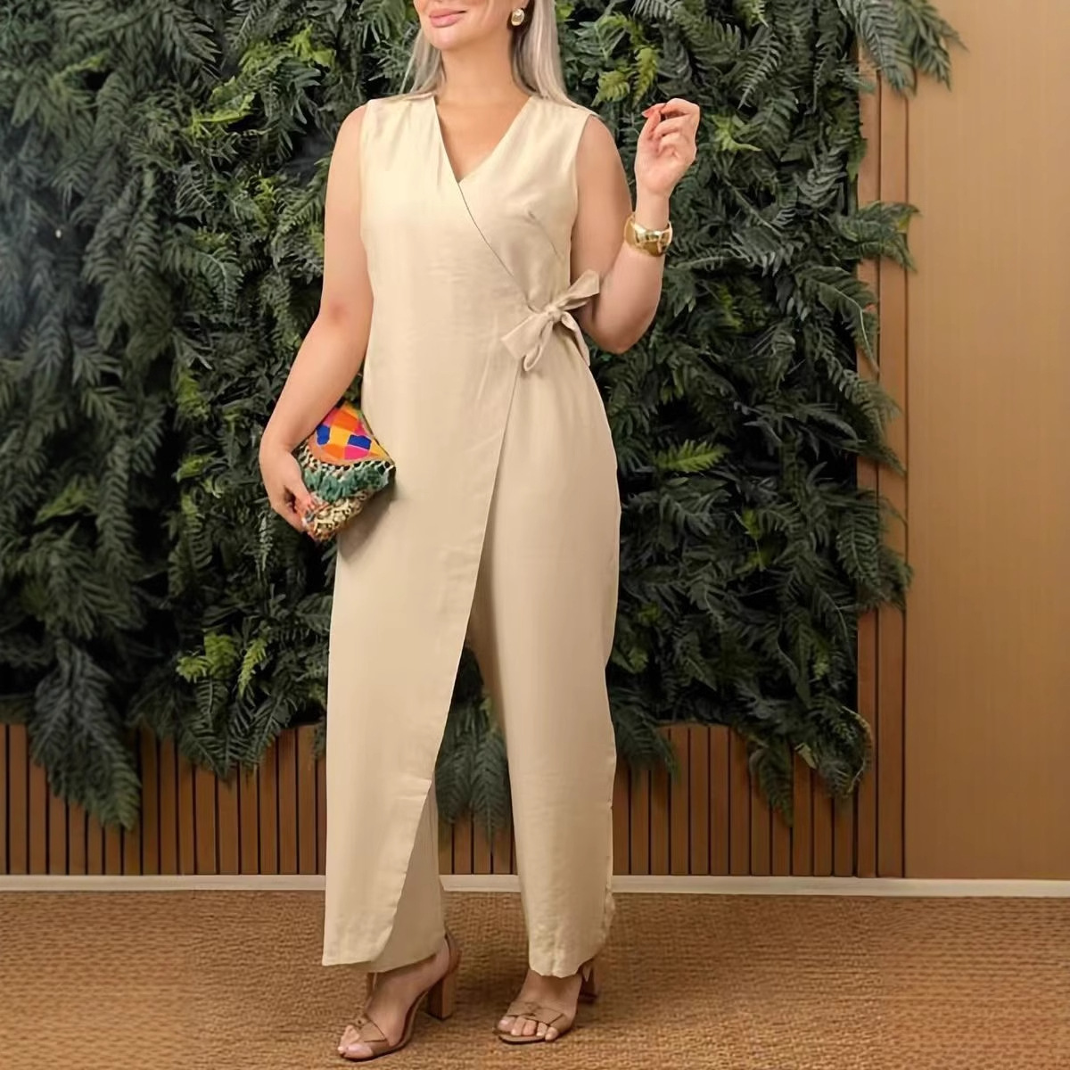 Women's Solid V-Neck Belted Jumpsuit Casual Sleeveless