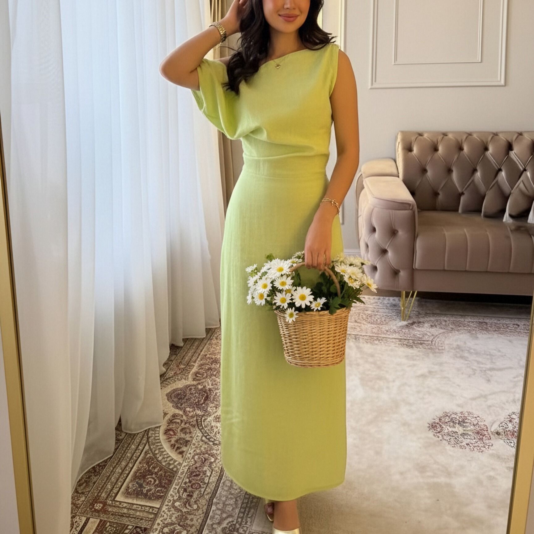 Slim-Fit Elegant Solid French Long Dress