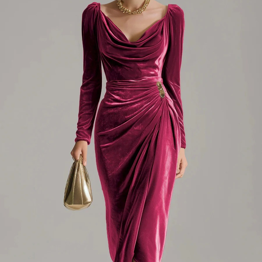 Velvet Long Sleeve Square Neck Bodycon Dress with Slit