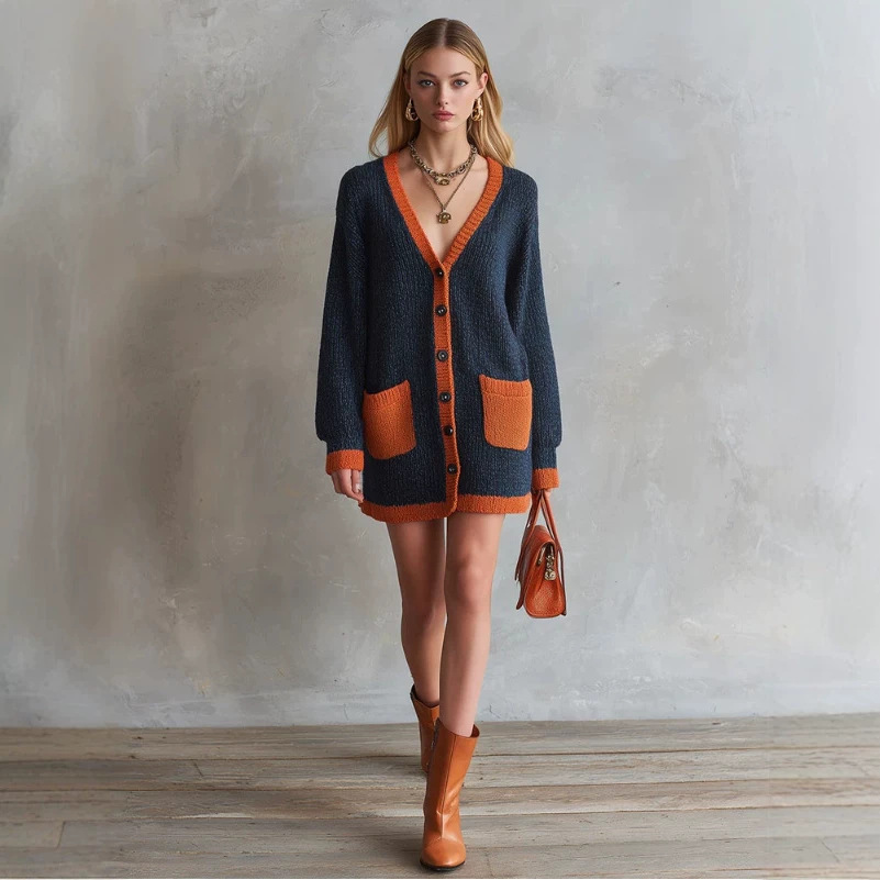 Women's V-Neck Knit Cardigan Loose Colorblock Long Sleeve Orange