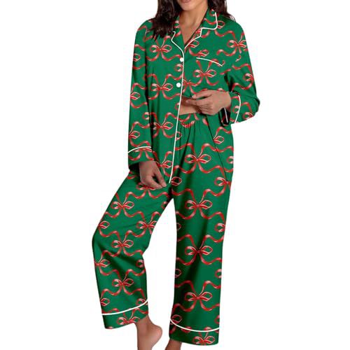 Women's Cuban Collar Christmas Bow Print Long Sleeve Shirt Set