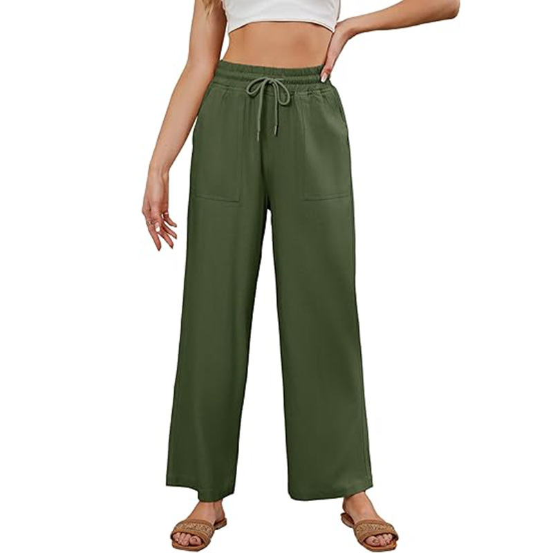 Women's Cotton Linen Straight Leg Pants Solid Color Casual Wide Leg Trousers