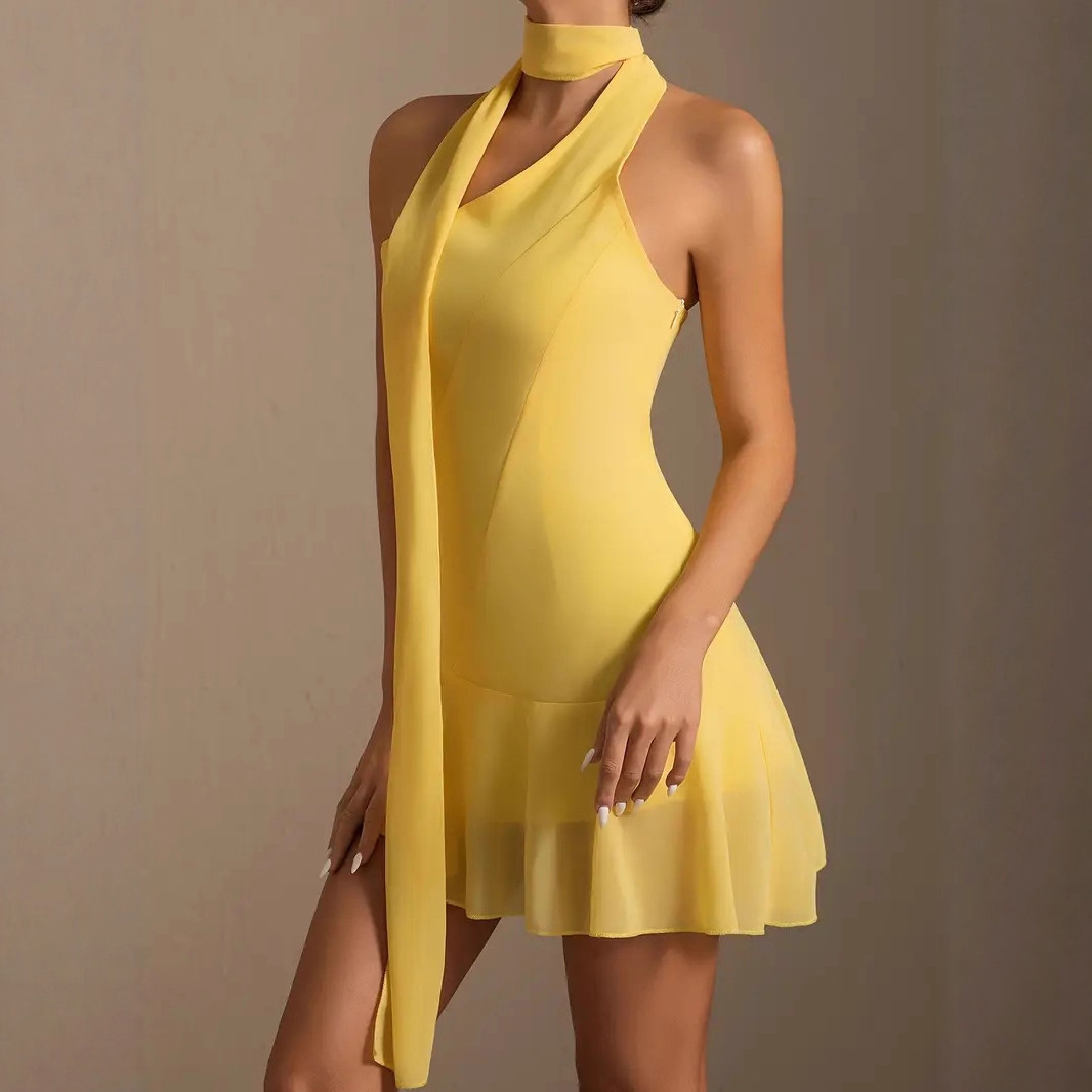 Tie-Neck Sleeveless Pleated Backless Bodycon Mini Dress