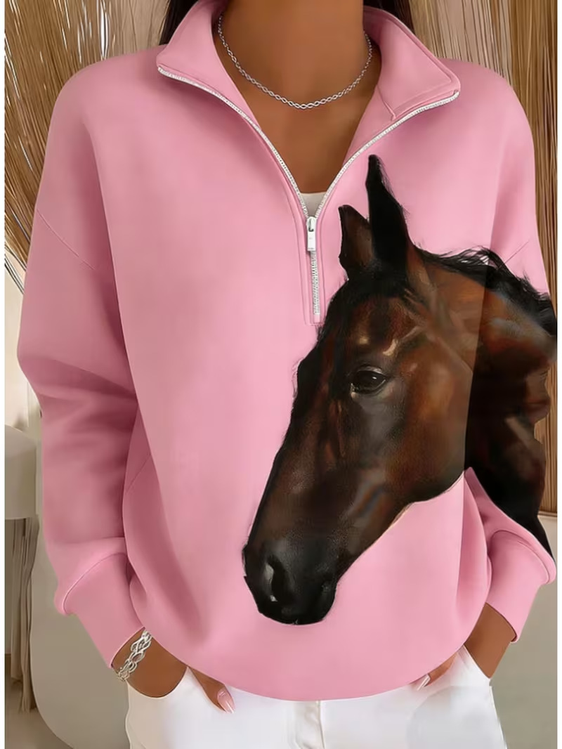 Horse Print Half-Zip Hoodie for Women