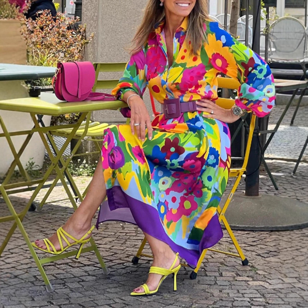 Elegant Floral Print Long Sleeve Shirt Dress