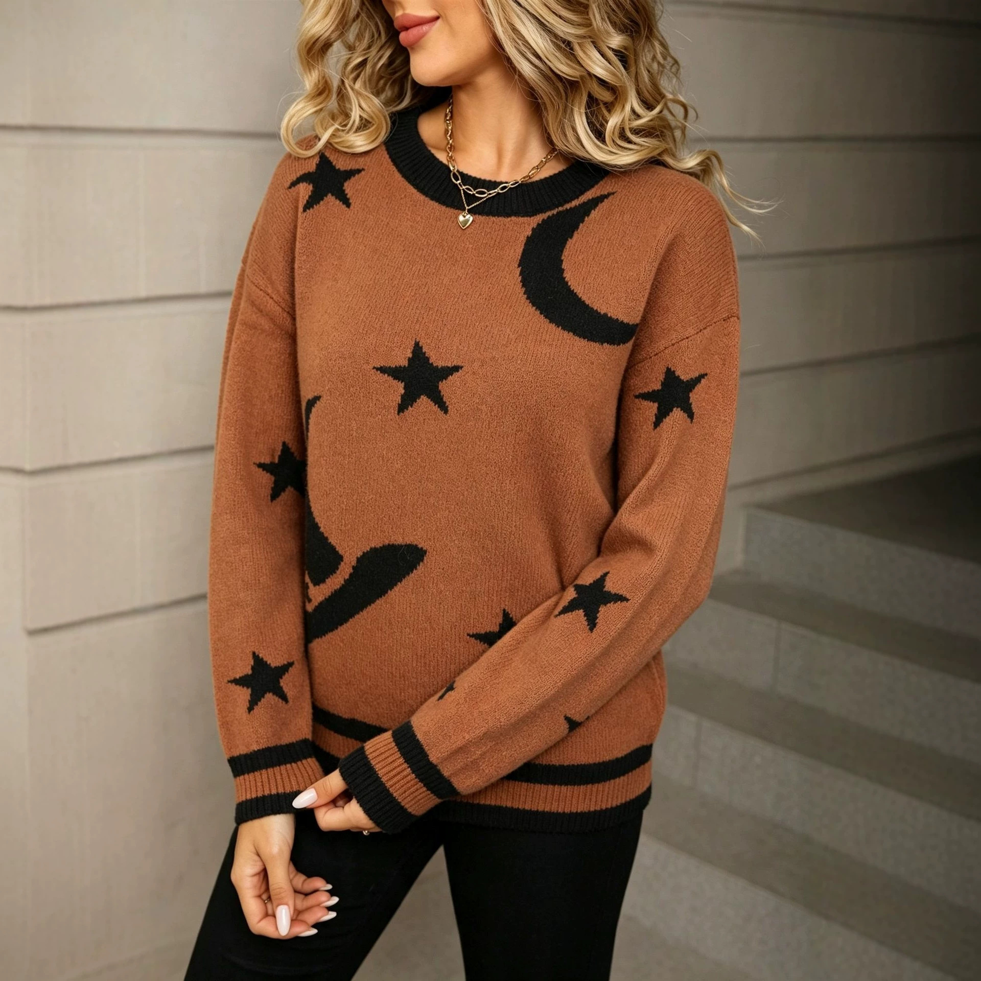 Women's Oversized Crewneck Pullover Sweater Colorblock Knit Top