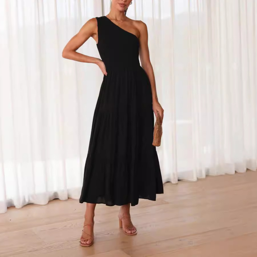 High-Waisted Sleeveless Asymmetric Neck Maxi Dress