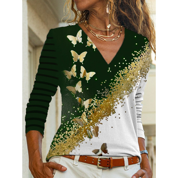 Women's V-Neck Floral Print Long-Sleeve T-Shirt Casual Loose Fit