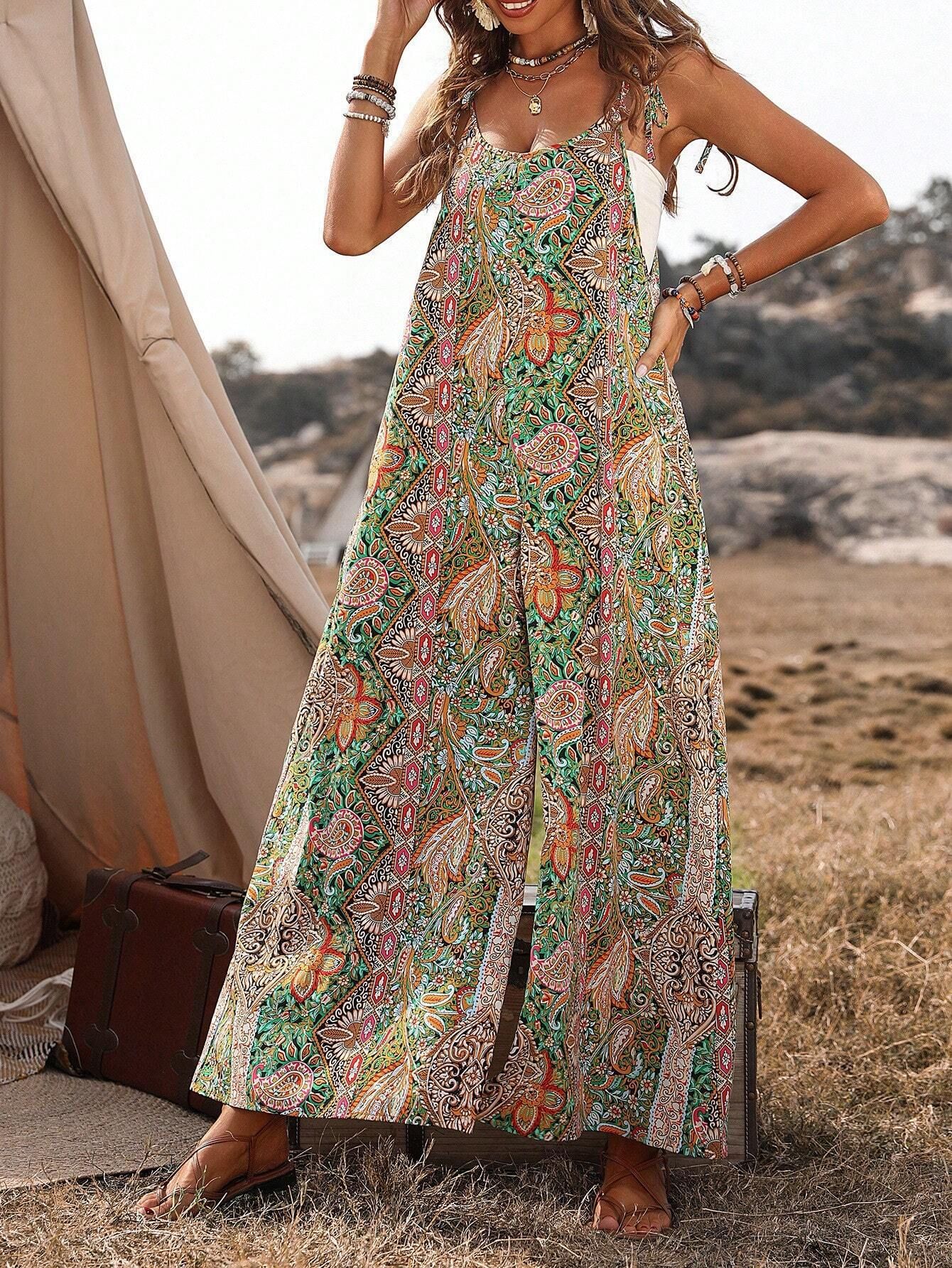 Women's Printed Wide-Leg Sleeveless Jumpsuit with Straps