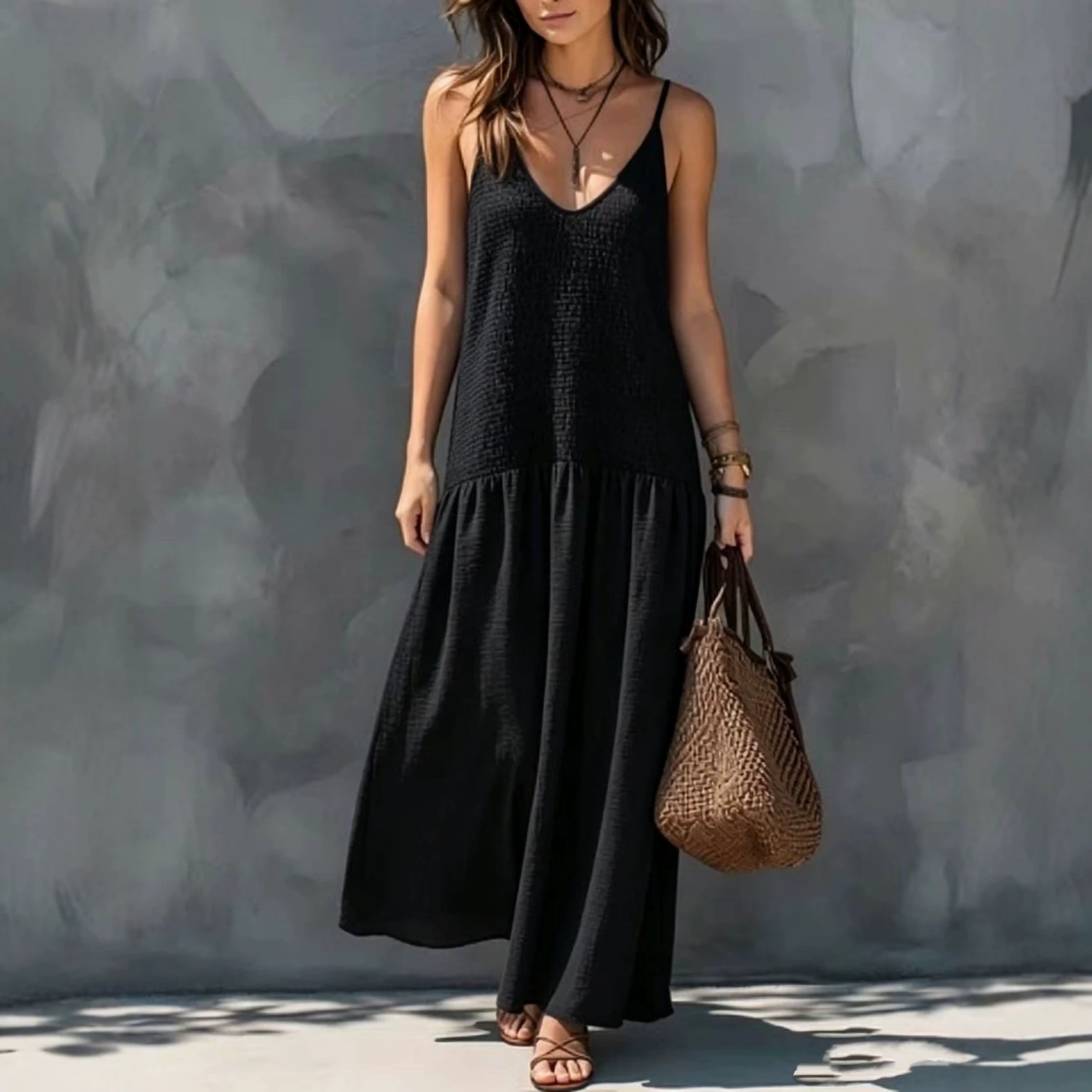 Retro Bohemian Open-Back Smocked Sleeveless Long Vacation Dress