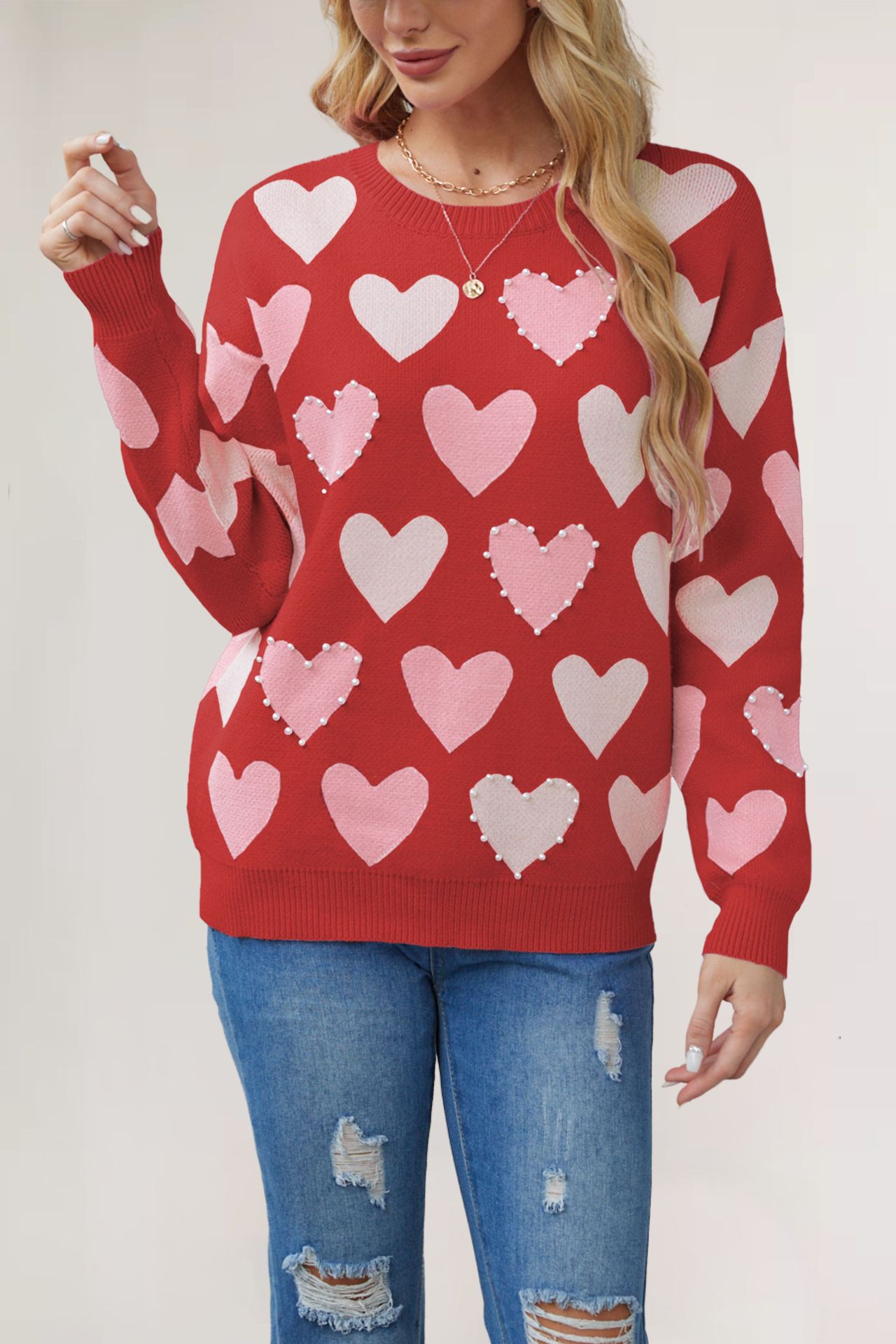 Heart Beaded Crewneck Knit Sweater
