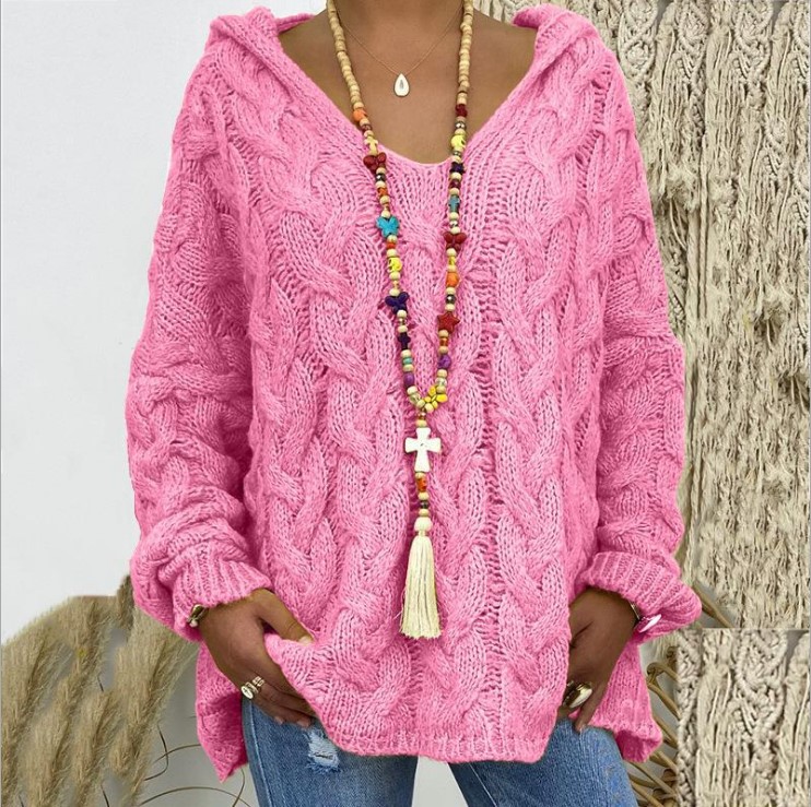 Women's Cable-Knit Hooded Sweater, Pure Color Pullover