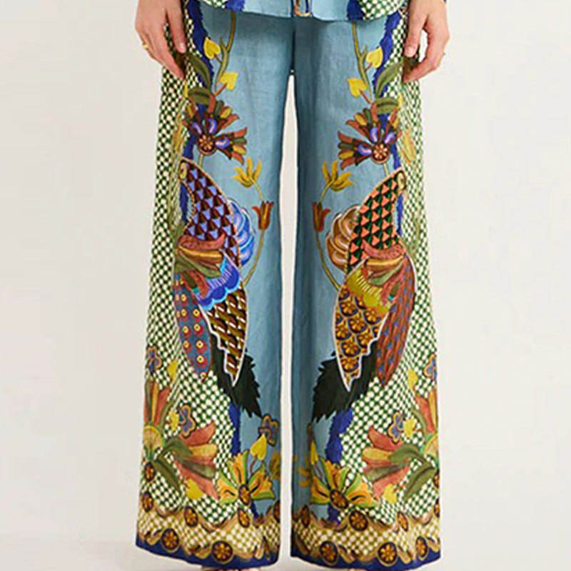 Elegant Printed Lapel Shirt and Straight-Leg Pants Two-Piece Set