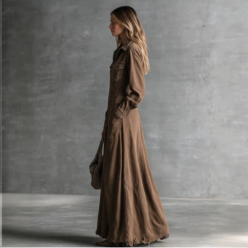 Women's Casual Solid Color Long Denim Dress with Shirt Collar and Pockets