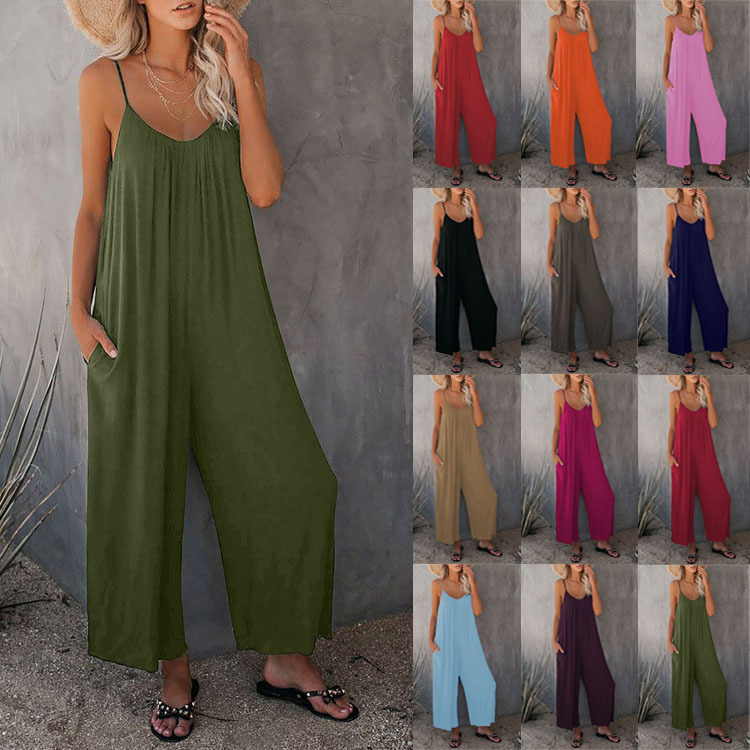 Women's Sleeveless Jumpsuit with Pockets Solid Color Casual