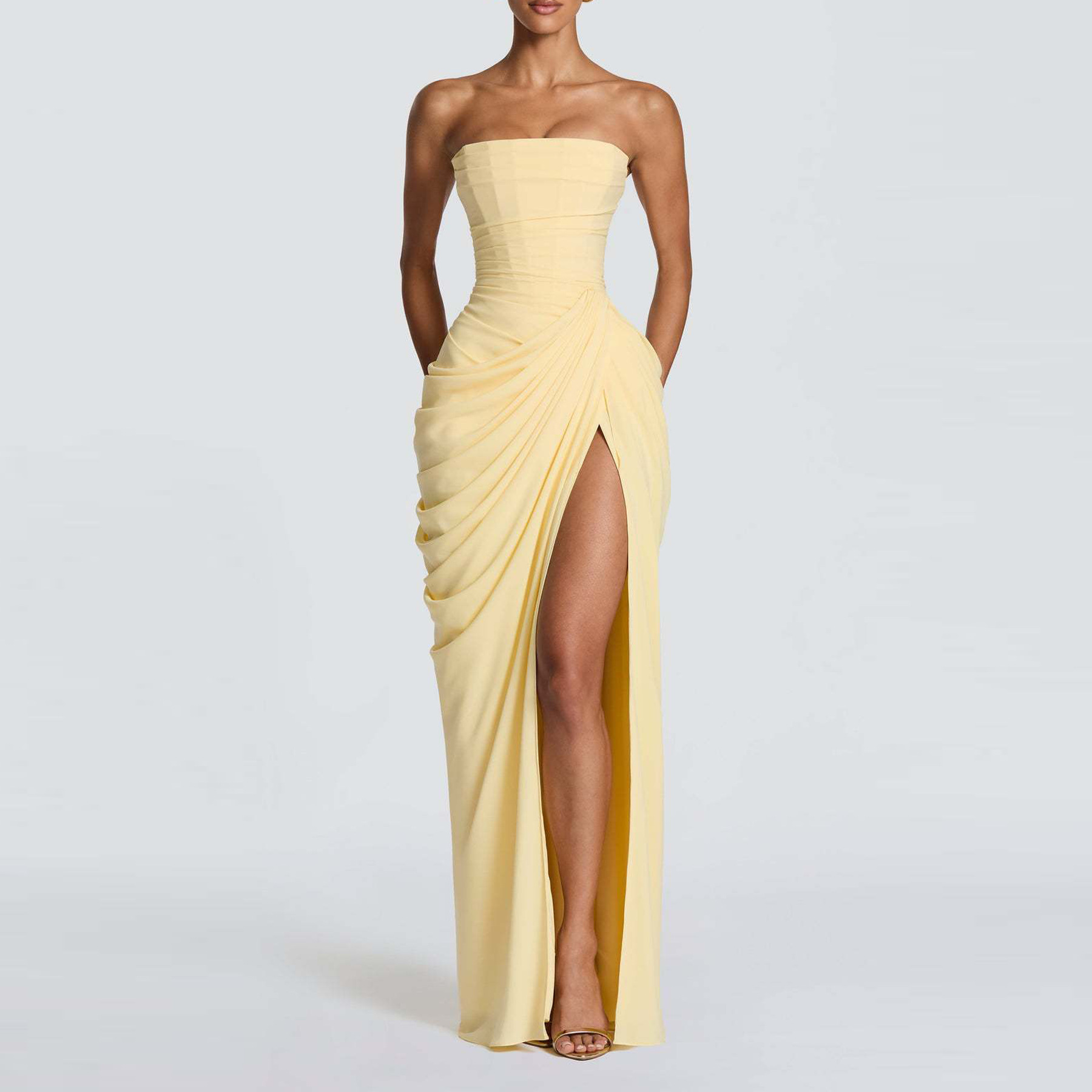 Elegant Solid Strapless High-Slit Long Dress