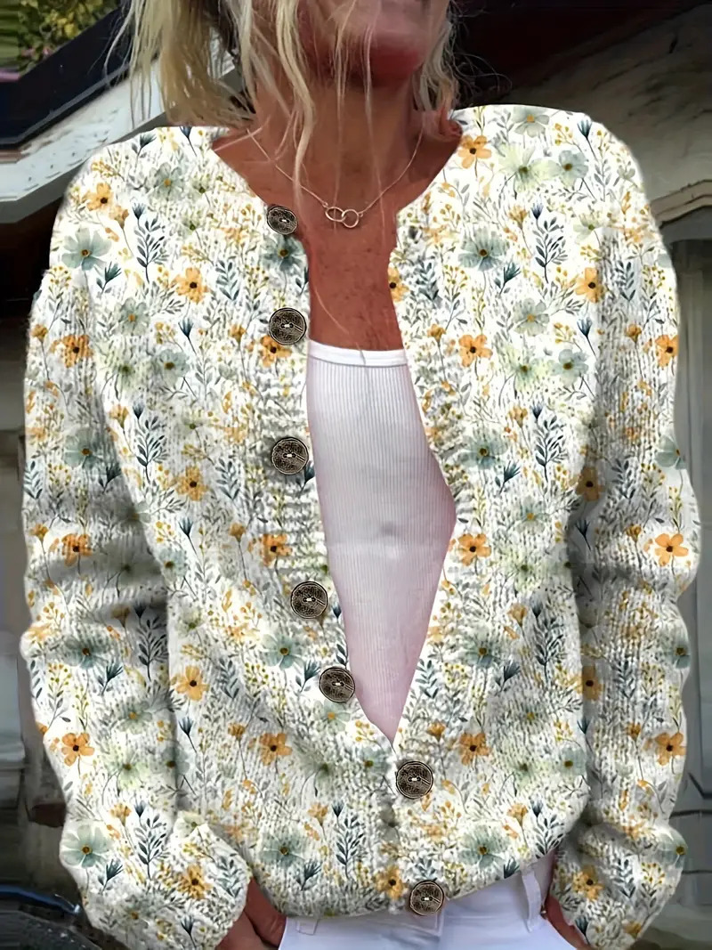 Women's Floral Print Long Sleeve Crew Neck Pullover Sweater