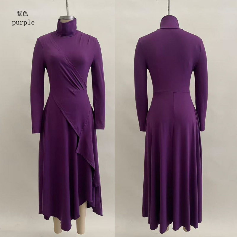 Women's Solid Long Sleeve High Neck Asymmetrical Dress