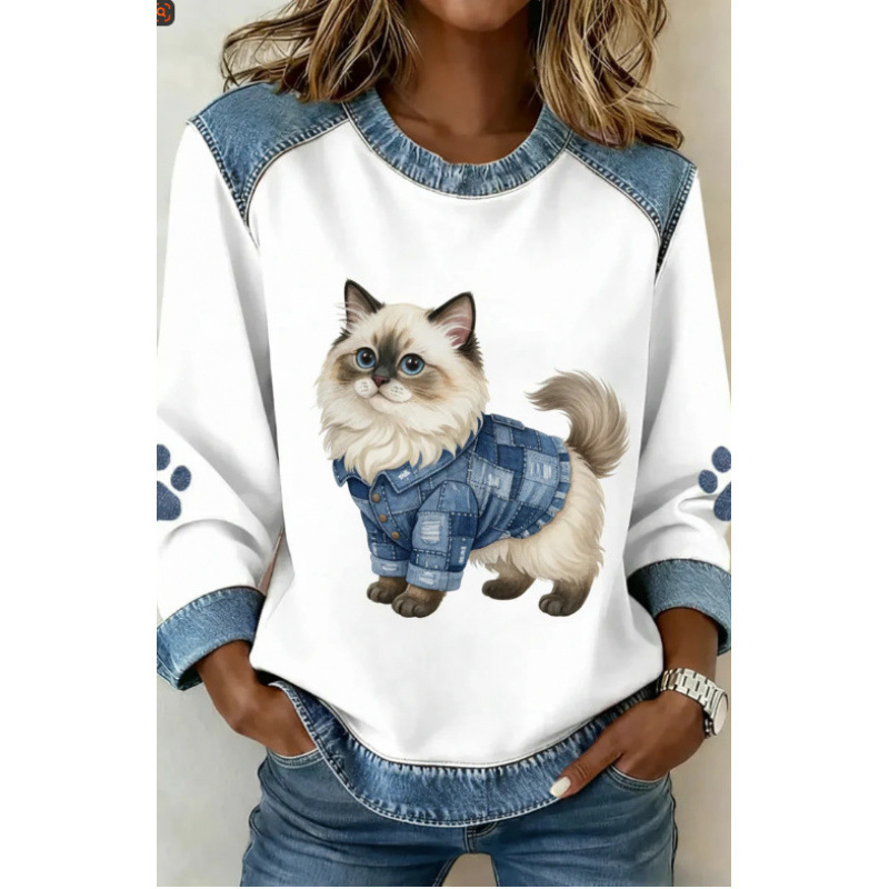 3D Print Colorblock Denim Collar Pullover Sweatshirt Women's Long Sleeve Loose Fit