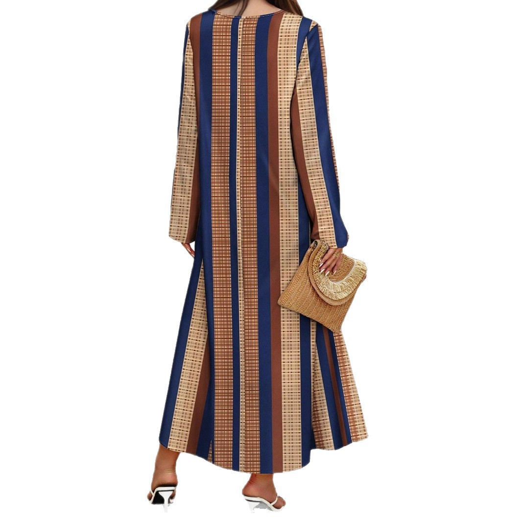 Striped V-Neck Long A-Line Dress Casual Knit