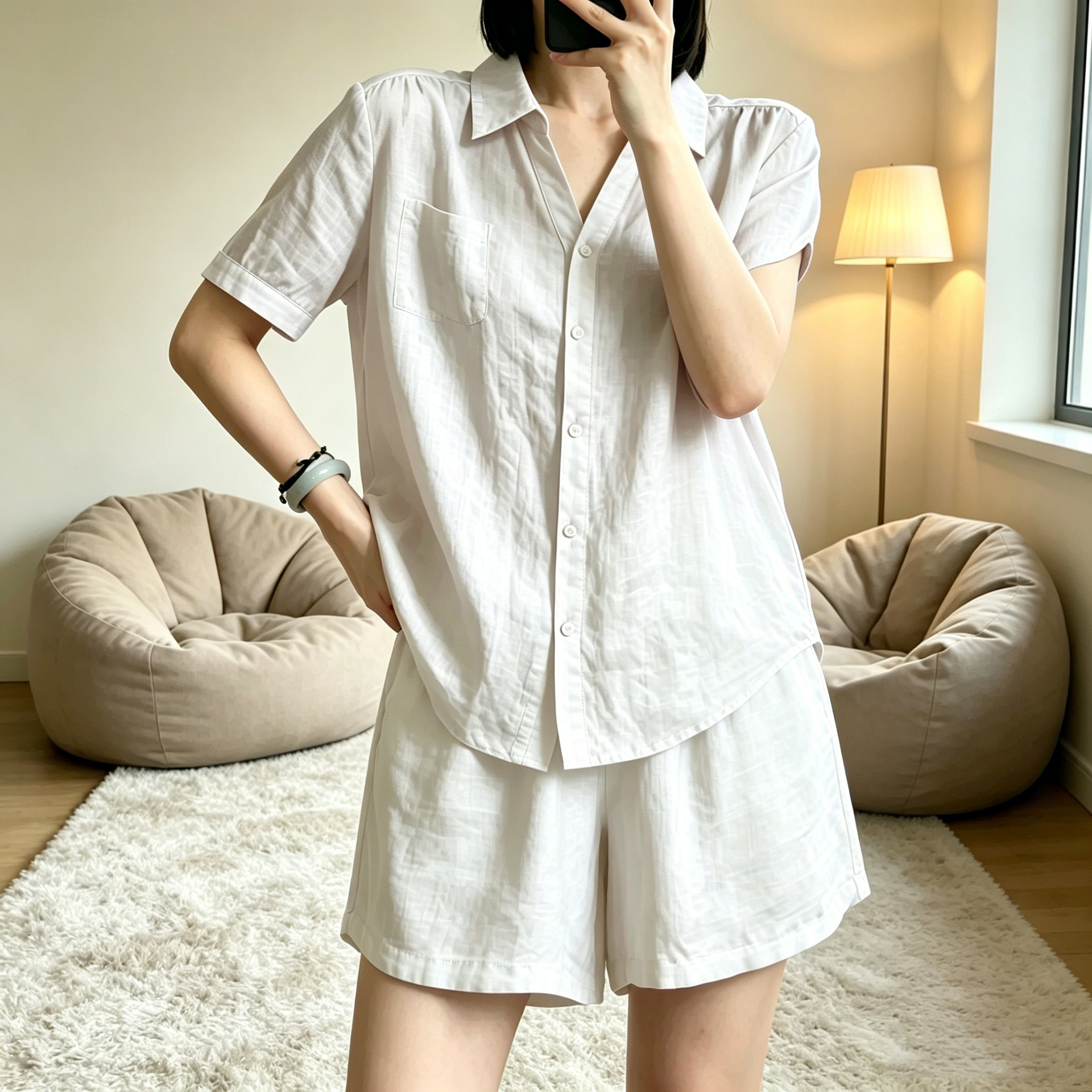 Women's Casual Solid Color Shirt and Shorts Set with Lapel Collar and Short Sleeves